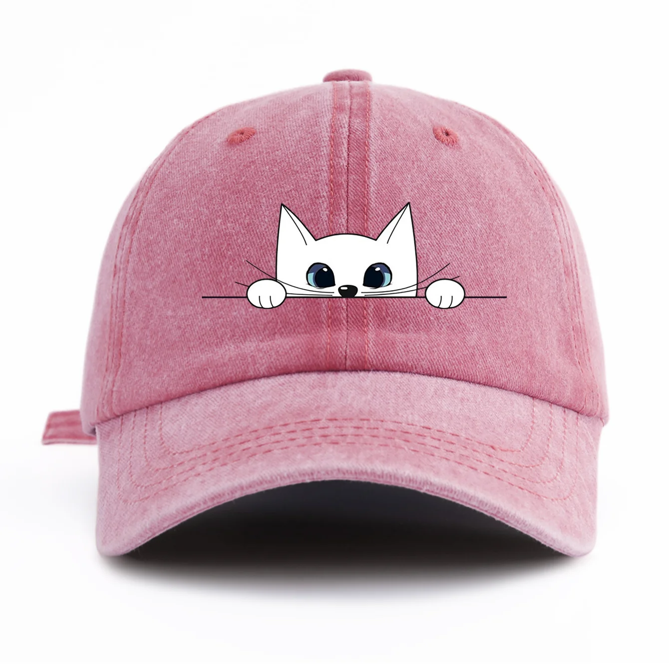 Cute Peeking White Cat Washed Baseball Cap Funny Pink Graphic Printed Hat Retro Adjustable Dad Hat Sports Cap Men Women