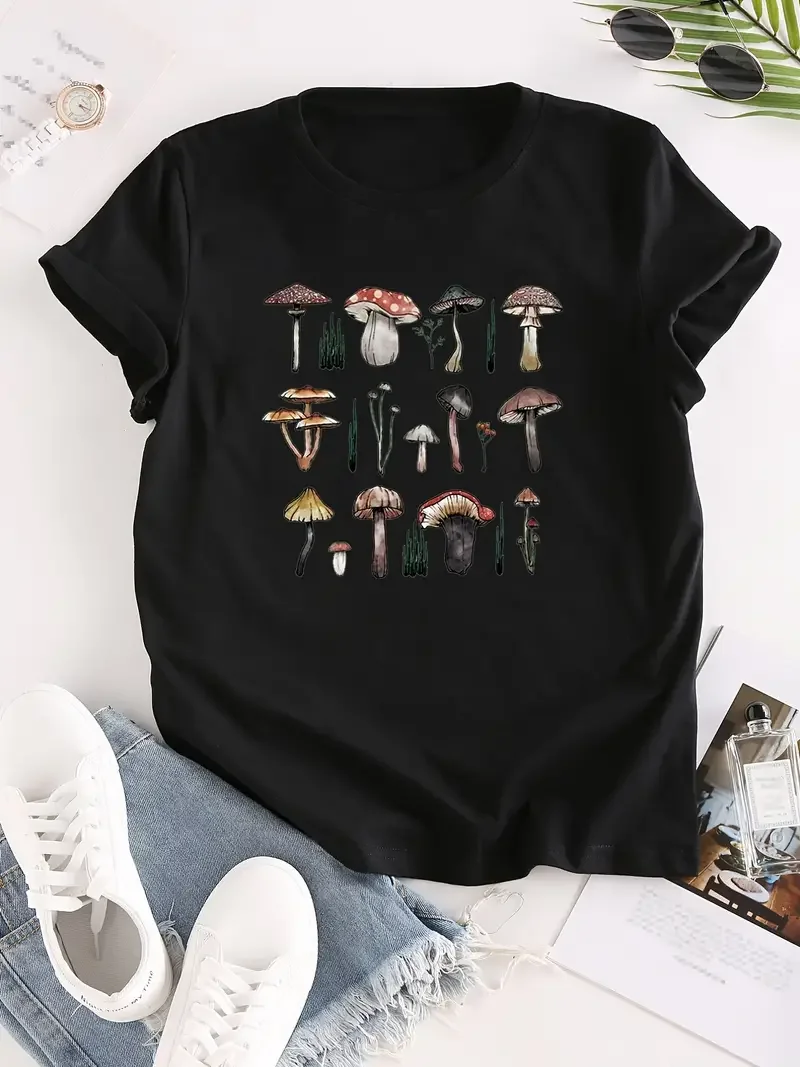 

Mushroom print Graphic T-Shirt Women clothes Summer Fashion Harajuku Casual Round Neck Short sleeve Black tops Creative Design