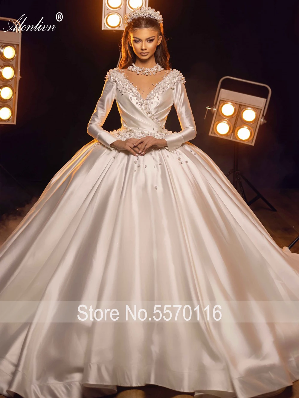 Alonlivn Delicate Beading Pearls Ball Gown Wedding Dresses  Full Sleeves Lace Up