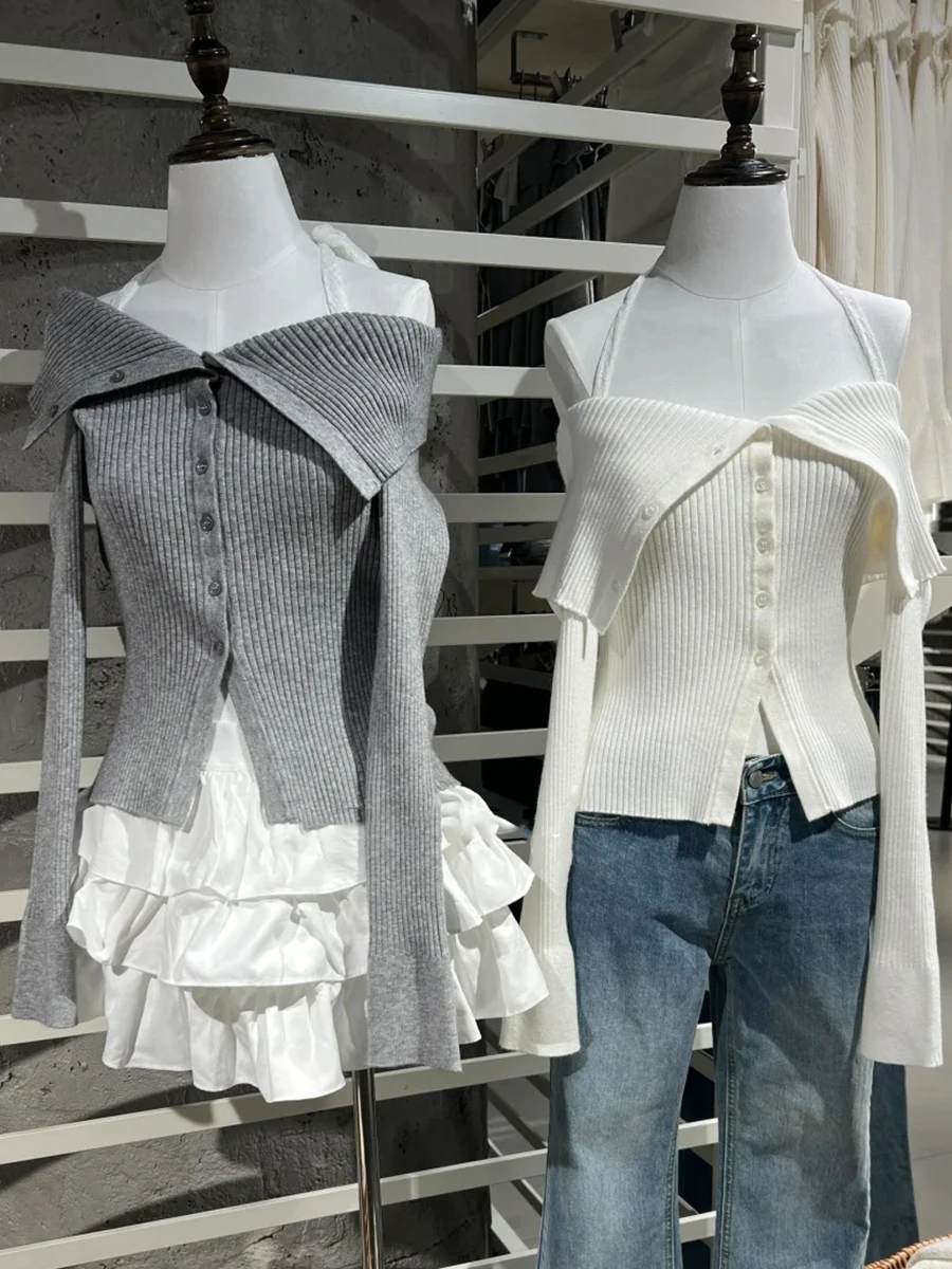 

Sexy Off Shoulder Lace Halter T-shirt Women Solid Single Breasted Fake Two Pieces Slim Long Sleeve Tees Sweet Knit Tshirt Autumn