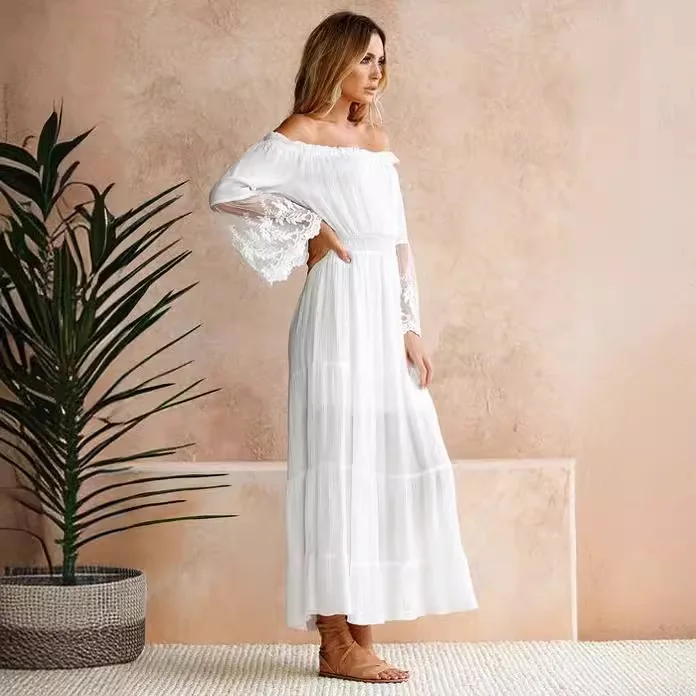 Boho robe blanc Sexy hors de l'épaule plage robe d'été Flare à manches longues épissure dentelle femmes robes d'été robes