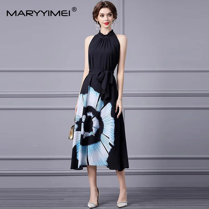 

MARYYIMEI Fashion design Women's Dress Halter Collar Elegant Print High waist High-End Temperament Summer Dresses