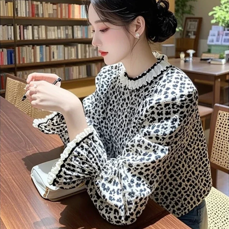 

Шифоновые винтажные женские блузки с принтом, корейские рубашки, модная свободная весенне-летняя французская одежда, женские топы с длинными рукавами