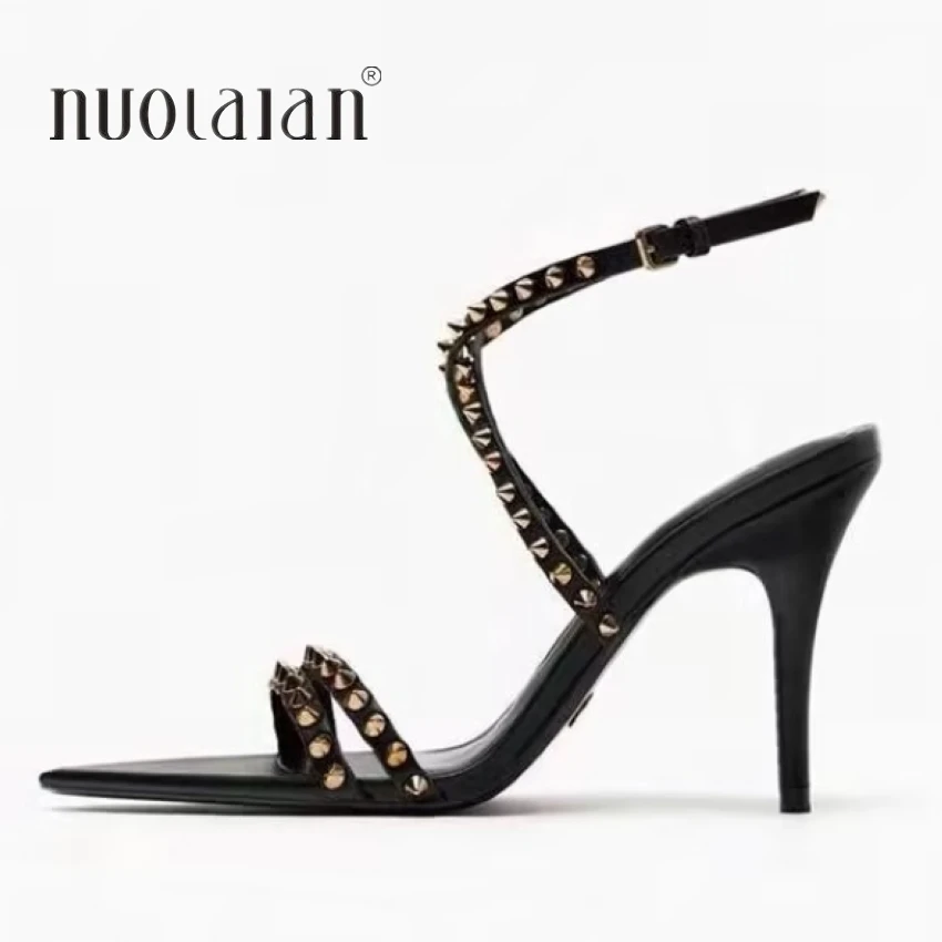 Brand Fashion Rivets Women Sandals Stiletto High Heels Party Wedding Shoes Pointed Toe Open Toe Summer Sandals Ladies Shoes