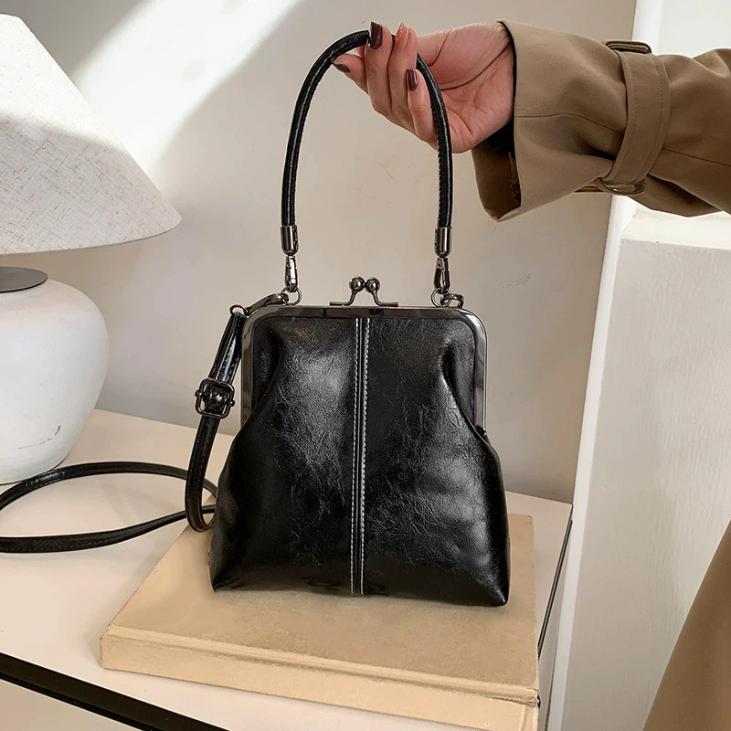 Elegante Clip Lock Umhängetasche Große Kapazität PU Leder Umhängetasche Einfarbig Retro frauen Kleine Handtasche – Detail 8