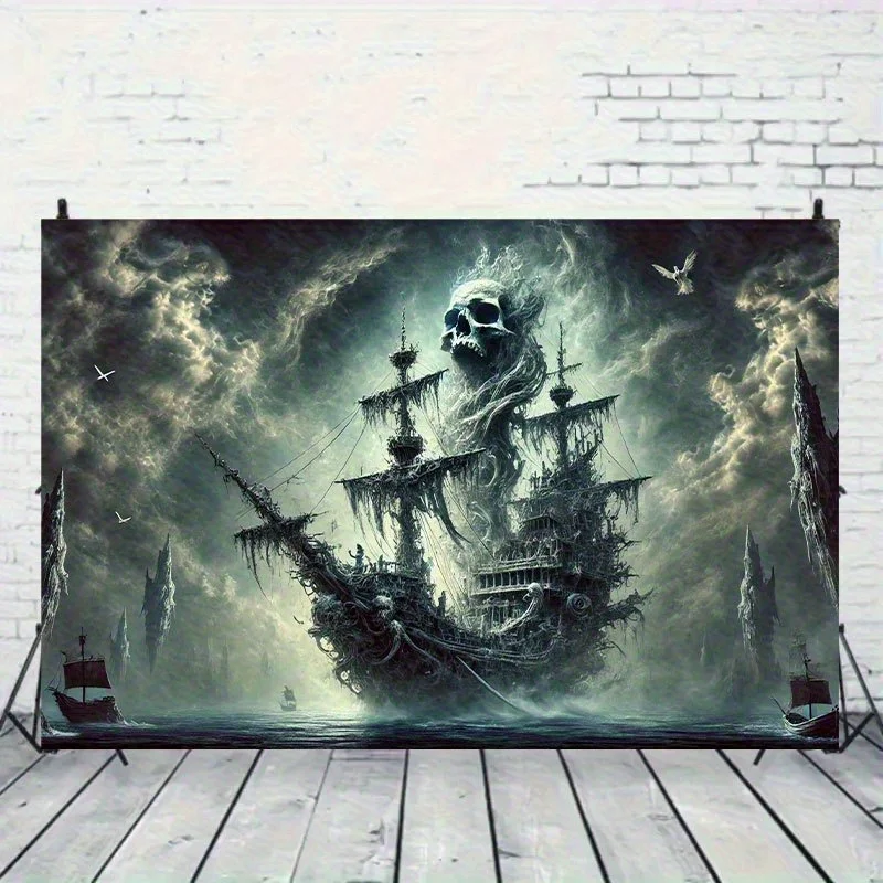 Gothic Pirate Skull Tapestry Wall Hanging Nautical Decor Dark Sea Horror Art Halloween Man Cave Gift Polyester