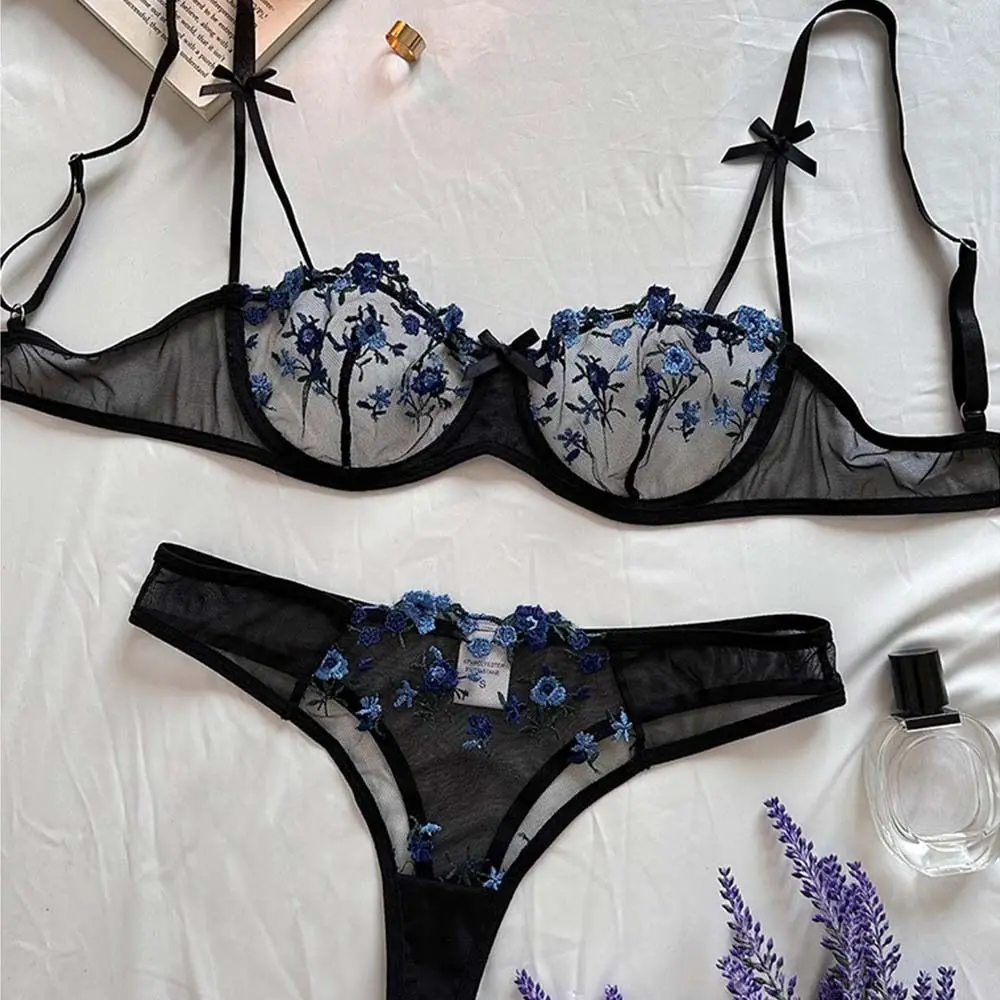 

Floral Embroidery Lingerie Set Transperant Ultra Thin Mesh Thong Sexy Romantic Bra Unlined Breathable Bra