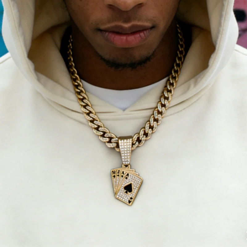 Men Women Hip Hop Playing Card Poker Pendant Necklace Crystal Cuban Chain HipHop Iced Out Bling Necklaces Fashion Charm Jewelry view 2