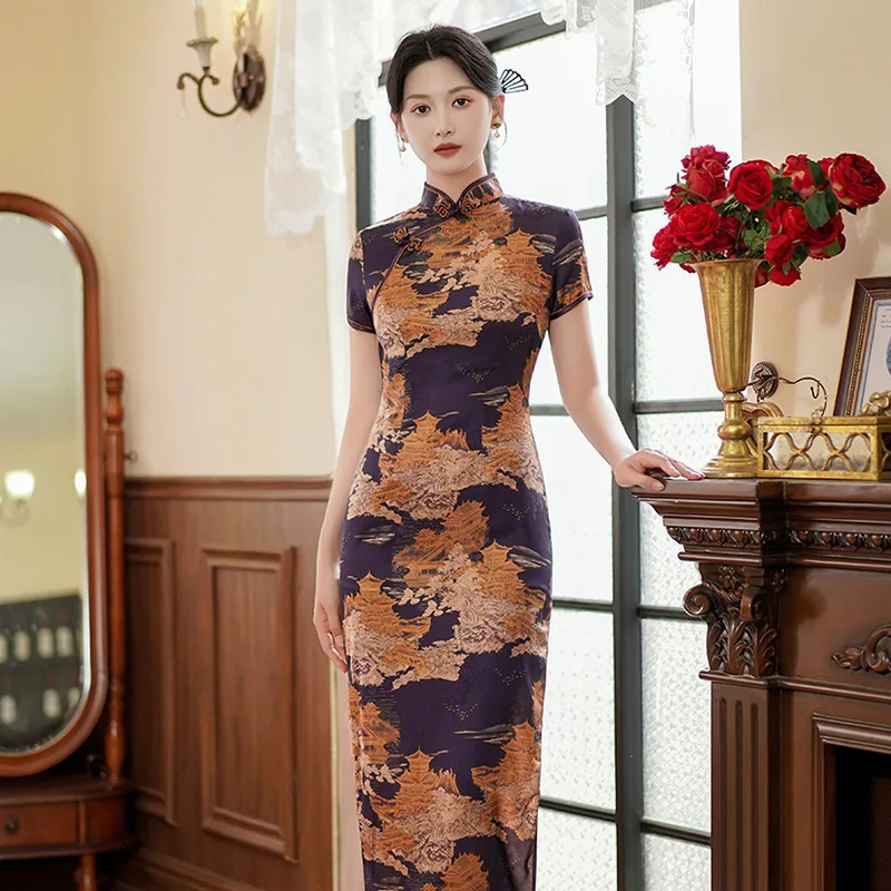 

Summer Fashion Chinese Traditional Dress Vintage Short Sleeve Print Qipao Women Eleganti Slim Long Cheongsam Evening Dress