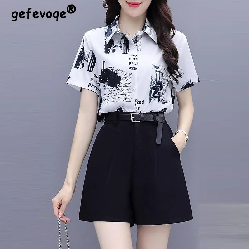 

Women's Clothing Summer Trendy Vintage Print Button Up Shirt Y2K Lapel Short Sleeve Blouse Streetwear Chic All Match Tops Blusas