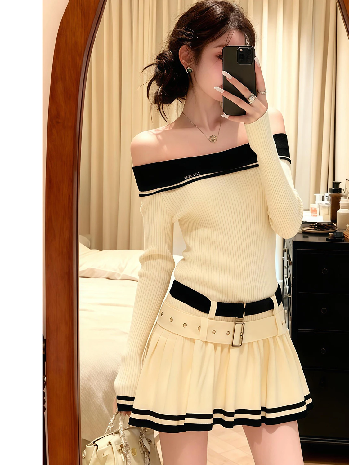 2025 New Korean Sle Knitted A-Line Dr Women's Inner Wear One oulder Dr Autumn Winter Beautiful Long Sve Daily Wear