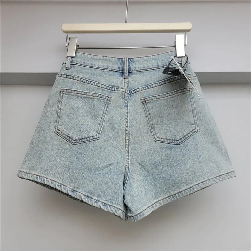 Korean Fashion Embroidered Beaded Denim Shorts Women Vintage Trend Rhinestone High Waist Straight Shorts Summer Versatile Shorts
