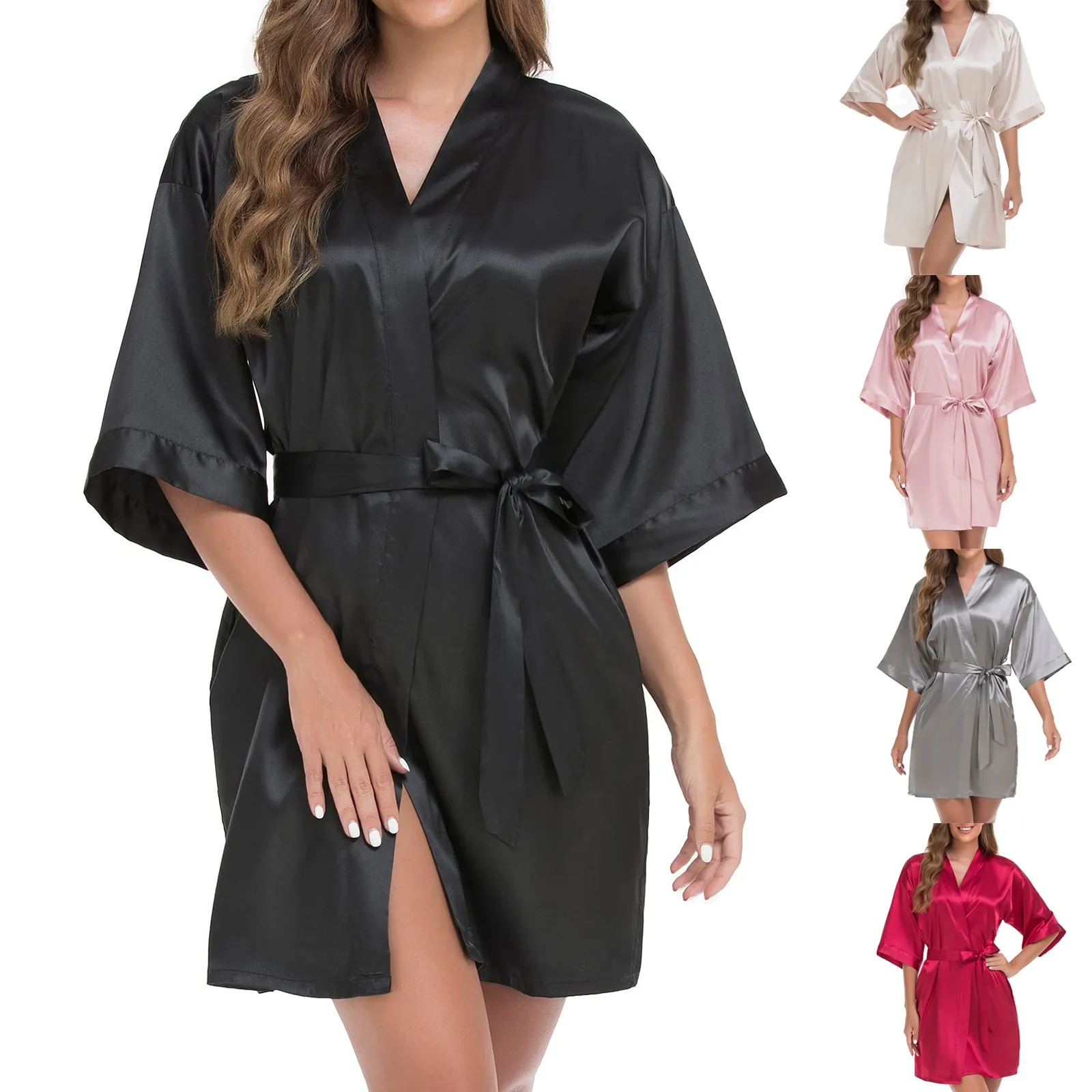 

2024 New Ice Silk Kimono Robe Bathrobe Women Sexy Solid Color Nightgowns Sleepwear Dress Casual Soft Pajamas