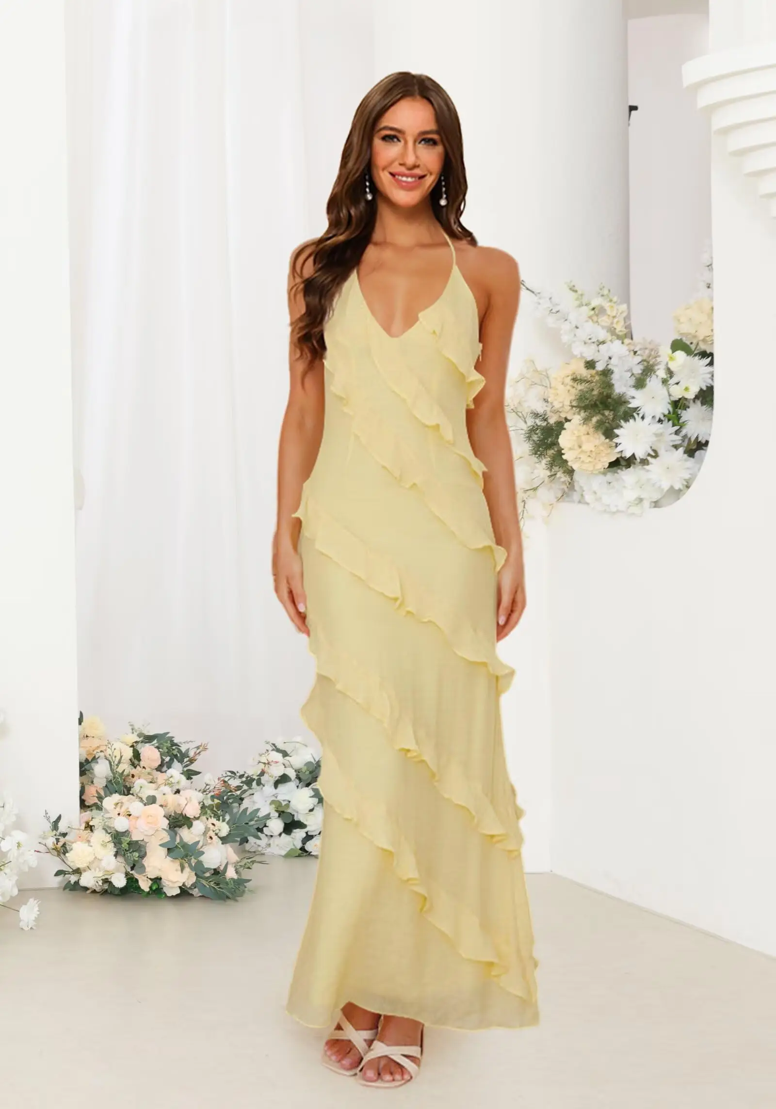 

Womens Sexy Chiffon Halter Maxi Dress Sleeveless Backless Ruffle Tassel Party Club Dresses