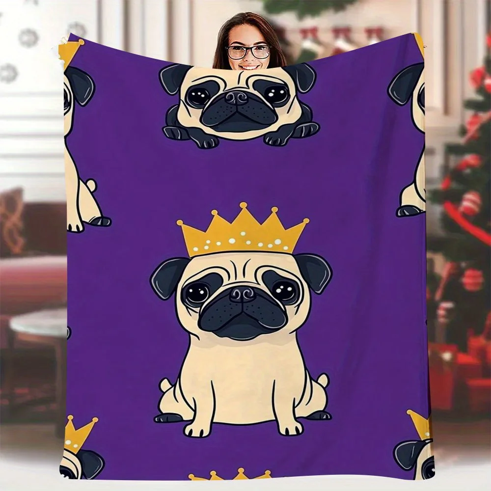 Adorable Pug Dog Crown Pattern Throw Blanket Cozy Fleece Nap Blanket Gift for Dog Lovers Bedroom Nursery Decor