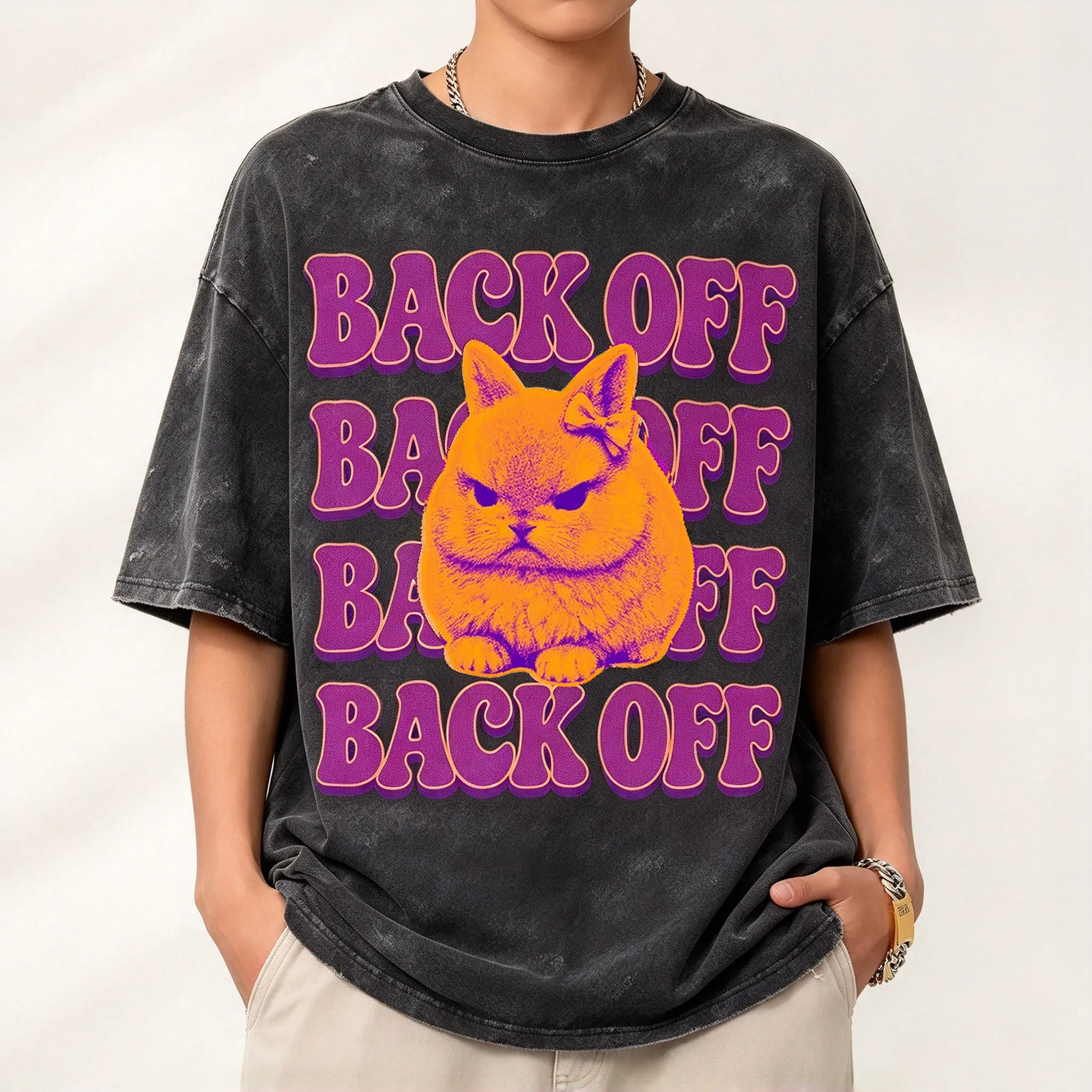 Womens Vintage Washed T Shirt Back Off Angry Orange Cat Retro Text Graphic Crewneck Oversized Distressed Meme Short Sleeve Tee
