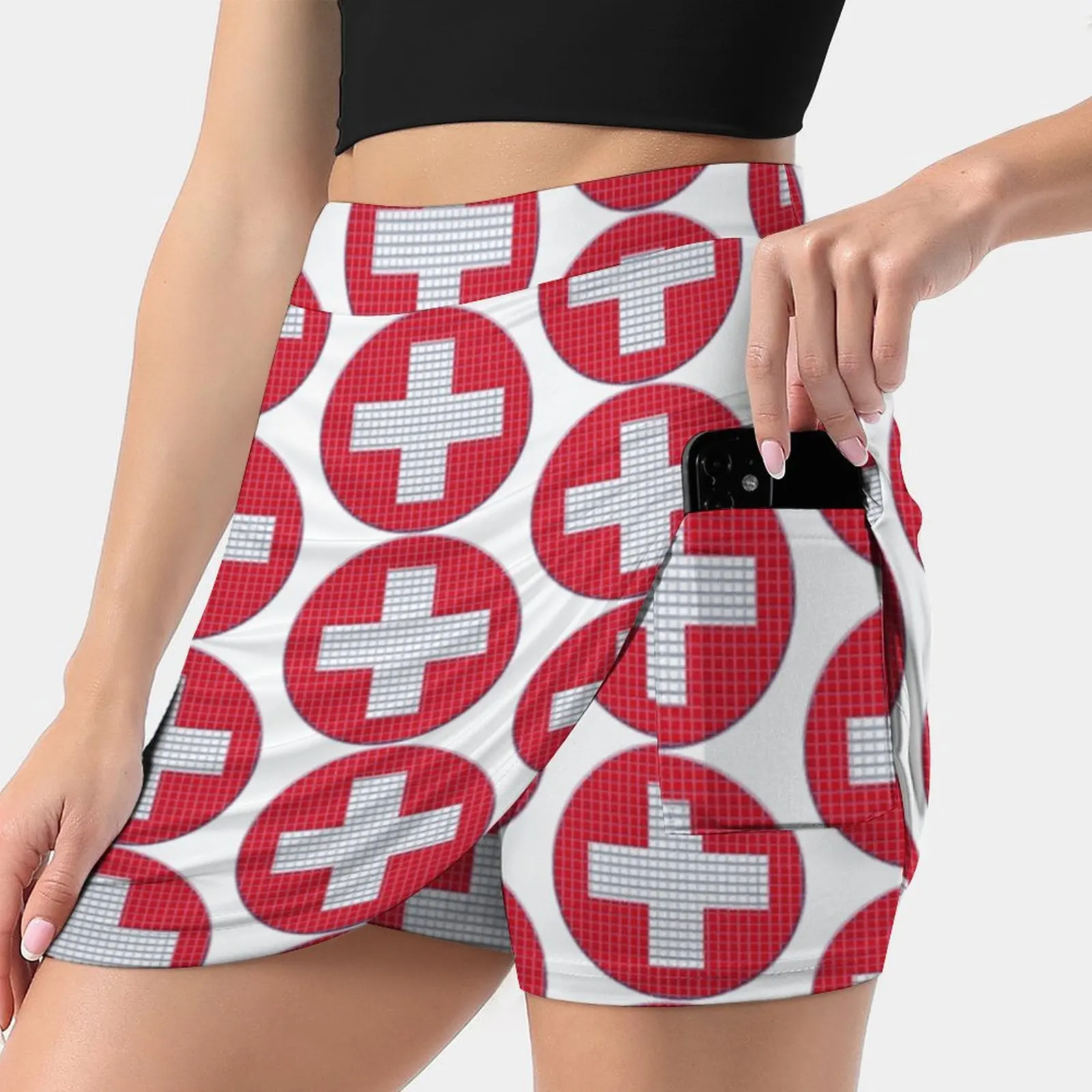 Switzerland Flag Rounded - Squares Pixel Tennis Golf Skirt Sexy A-Line Harajuku Shorts Skirt With Phone Pockets Skort