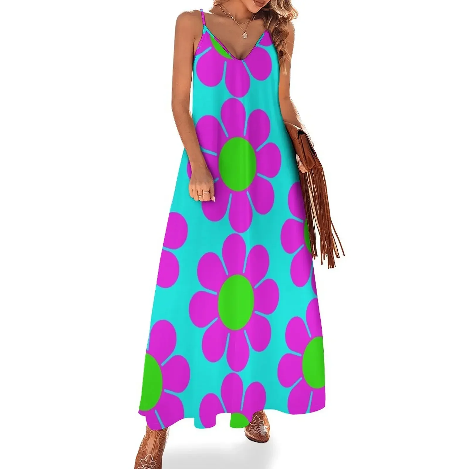 

Pink Green Hippy Flower Daisy Sleeveless Dress birthday dress summer dress