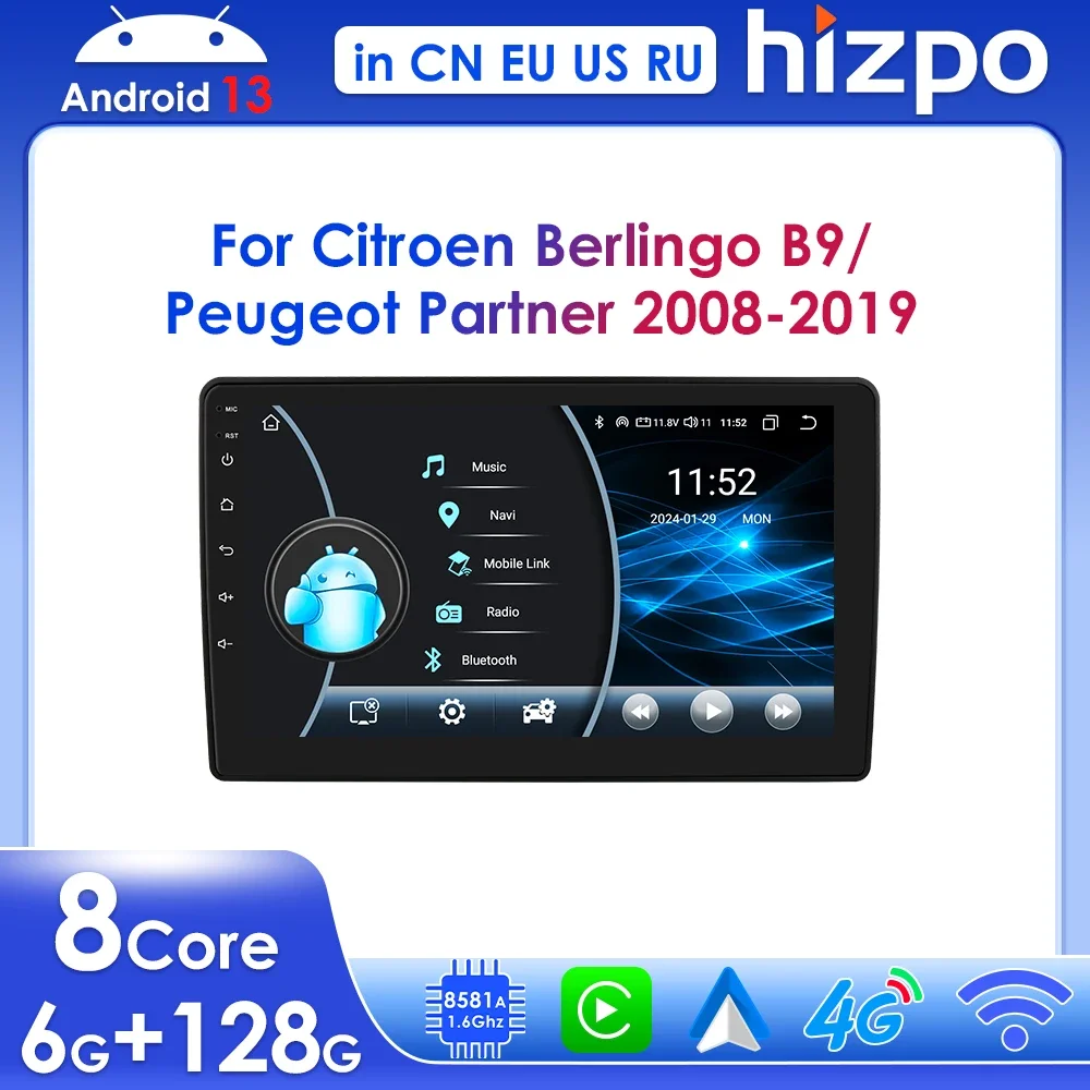 Hizpo Wireless Carplay Android 13 for Citroen Berlingo B9 Peugeot Partner Car Intelligent Systems Multimedia GPS Stereo 2 Din BT