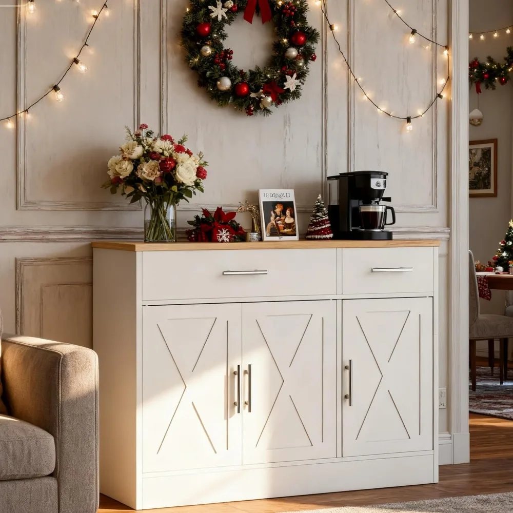 Sideboard-Buffet mit Stauraum, Bauernhaus-Küchenschrank mit 3 Türen und 2 Schubladen, Kaffee-Barschrank mit Stauraum für