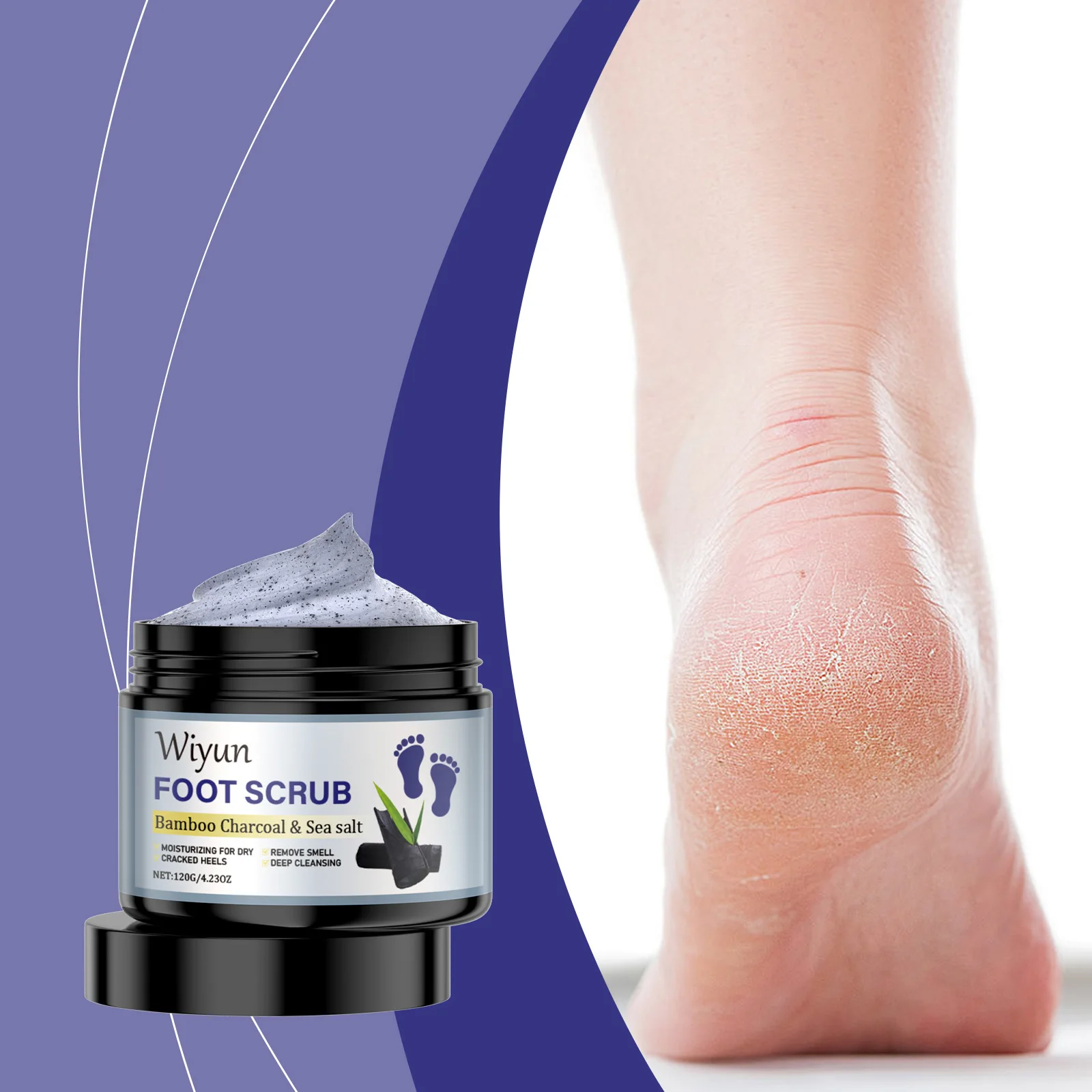 Bamboo Charcoal & Sea Salt Foot Scrub - Deep Cleansing Exfoliator for Dry, Cracked Heels & Foot Odor