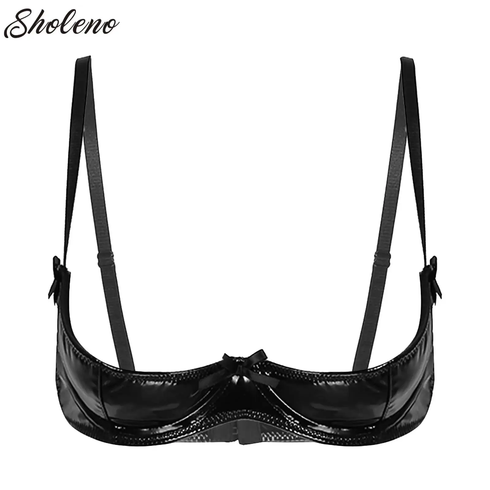 

Women Open Breast Cup Bra Glossy Patent Leather Underwired Push Up Bra Underwear Wet Look Unlined Brassiere Bralette