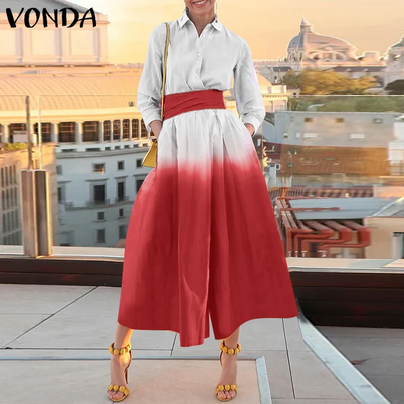 

Плюс размер 5XL VONDA элегантное длинное платье-рубашка с градиентом женское цветное лоскутное платье с поясом сарафан повседневное макси с длинным рукавом Vestidos Robe