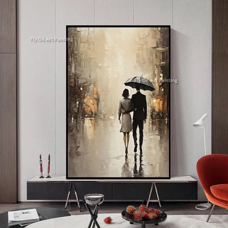 Romantic Rainy City Wall Art, Couple with Umbrella on Wet Road, Textured Vertical Handmade Canvas