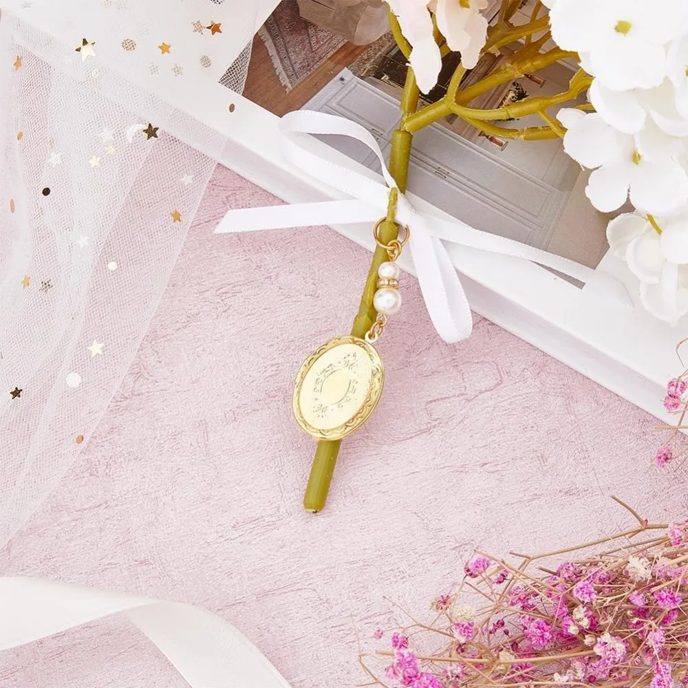 2PCS Brass Wedding Bouquet Charms Locket Pendant Decorations with Acrylic Imitated Pearl Beads and Satin Ribbon Golden