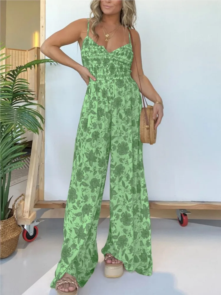 Women's Sexy Spaghetti Strap Jumpsuit Summer Floral Print Buttons Backless High Waist Wide Leg Pants Casual Jumpsuits Streetwear