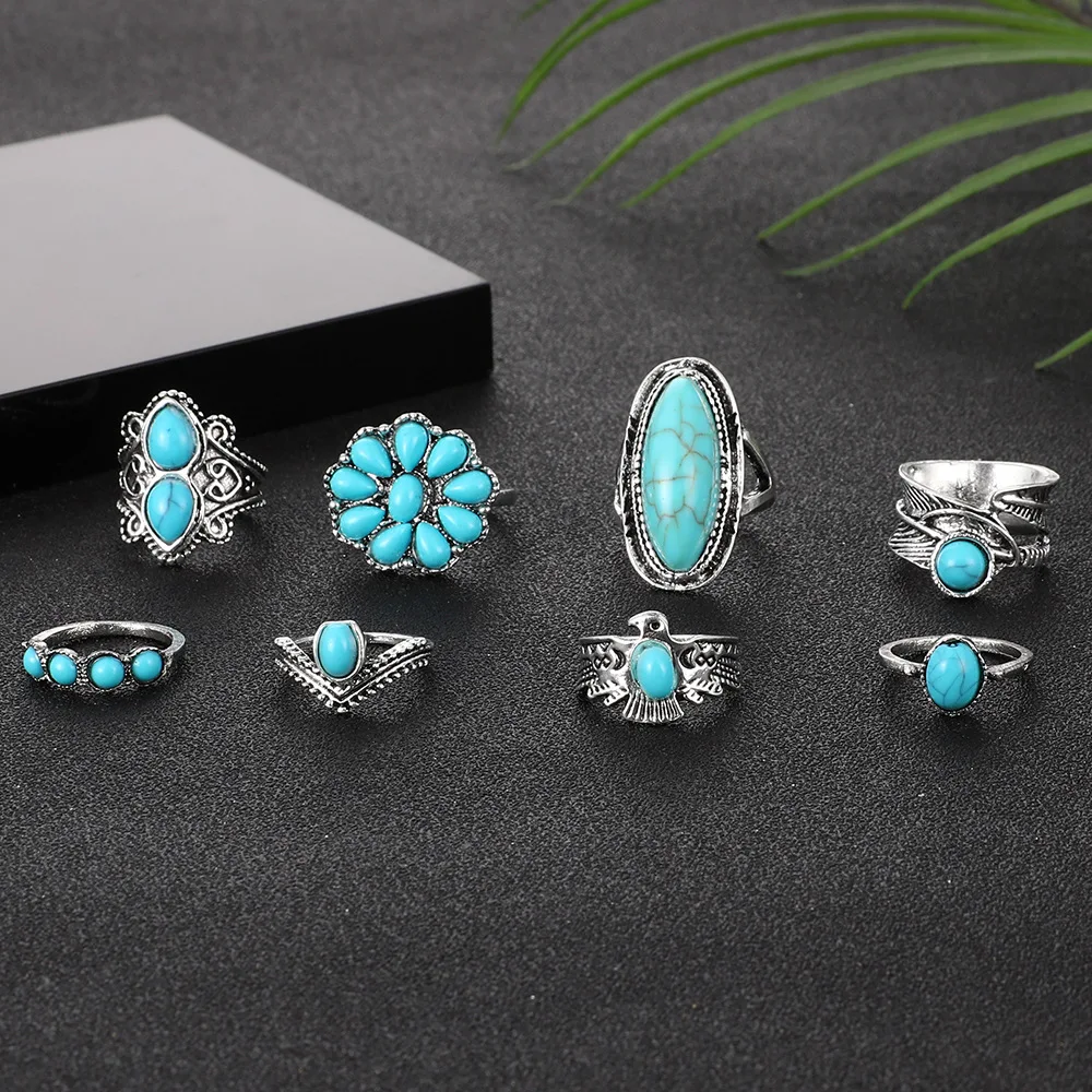 

n Sle Owl Feather Turquoise Ring Set of 8 Cross-Border New Faion Jewelry Accories eenstone Owl Ring Set