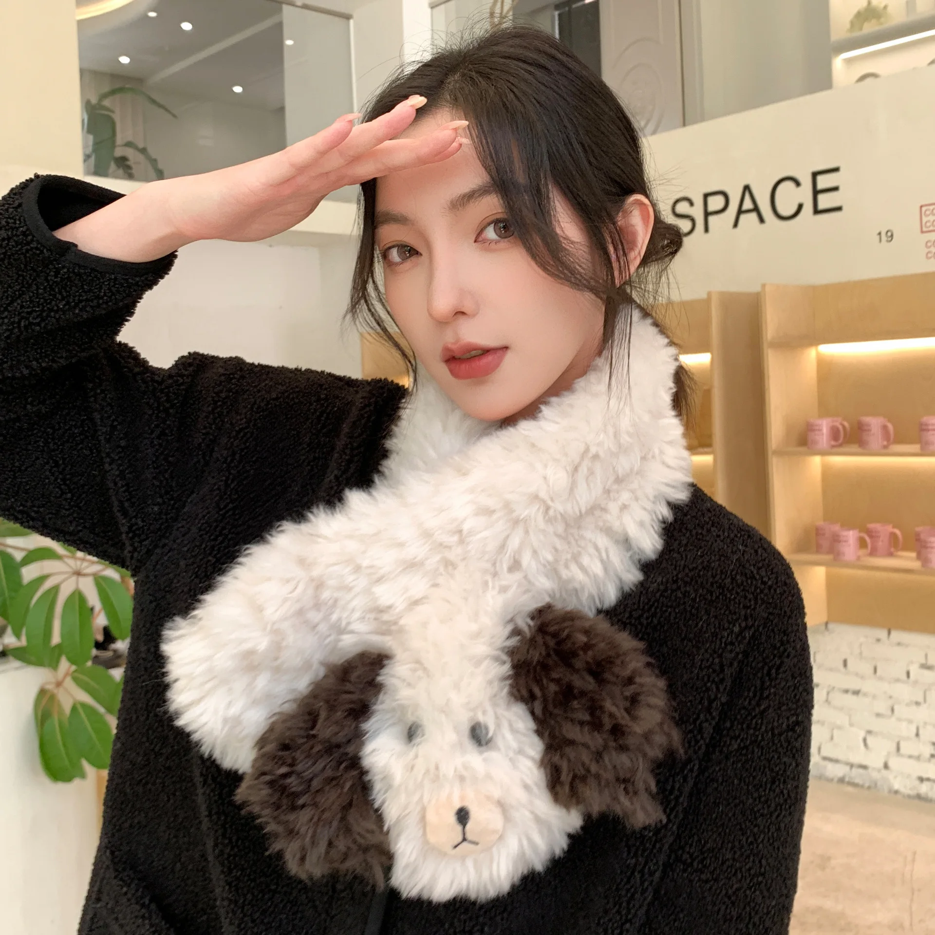 Women's Scarves Cute Korean Cartoon Dog Winter Thickened Plush Warm High Quality Scarf 3D Ear Kawaiii Funny Versatile Scarves