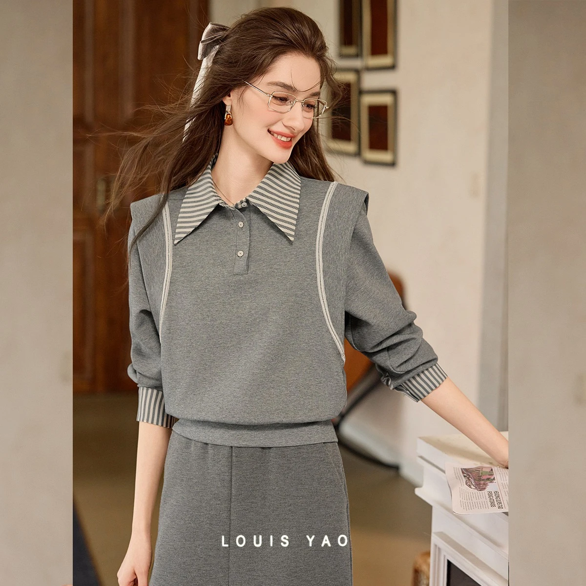 

LOUIS YAO вязаная толстовка из смешанной ткани со вставками, осень 2022, повседневная элегантная толстовка с воротником, эластичный женский пуловер с длинными рукавами