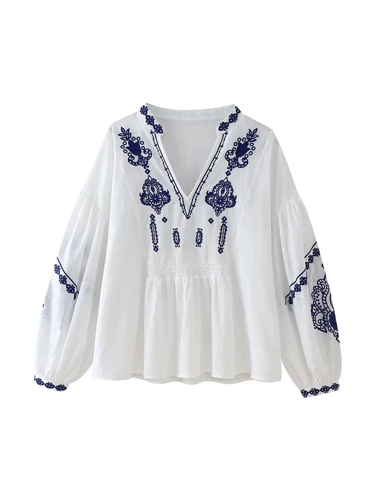 Women\'s Elegant Blue Embroidery Print Loose Blouse, Pleated Elastic Long Tops, Chic Lady V-Neck, Long Sleeve, Summer