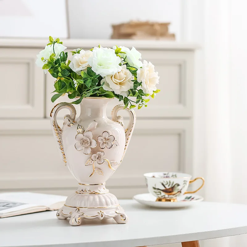 European Ceramic Vase Home Decor Beautiful Luxury White Flower Pot Living Room/Wedding Decoration Handmade Gold Plated Vases