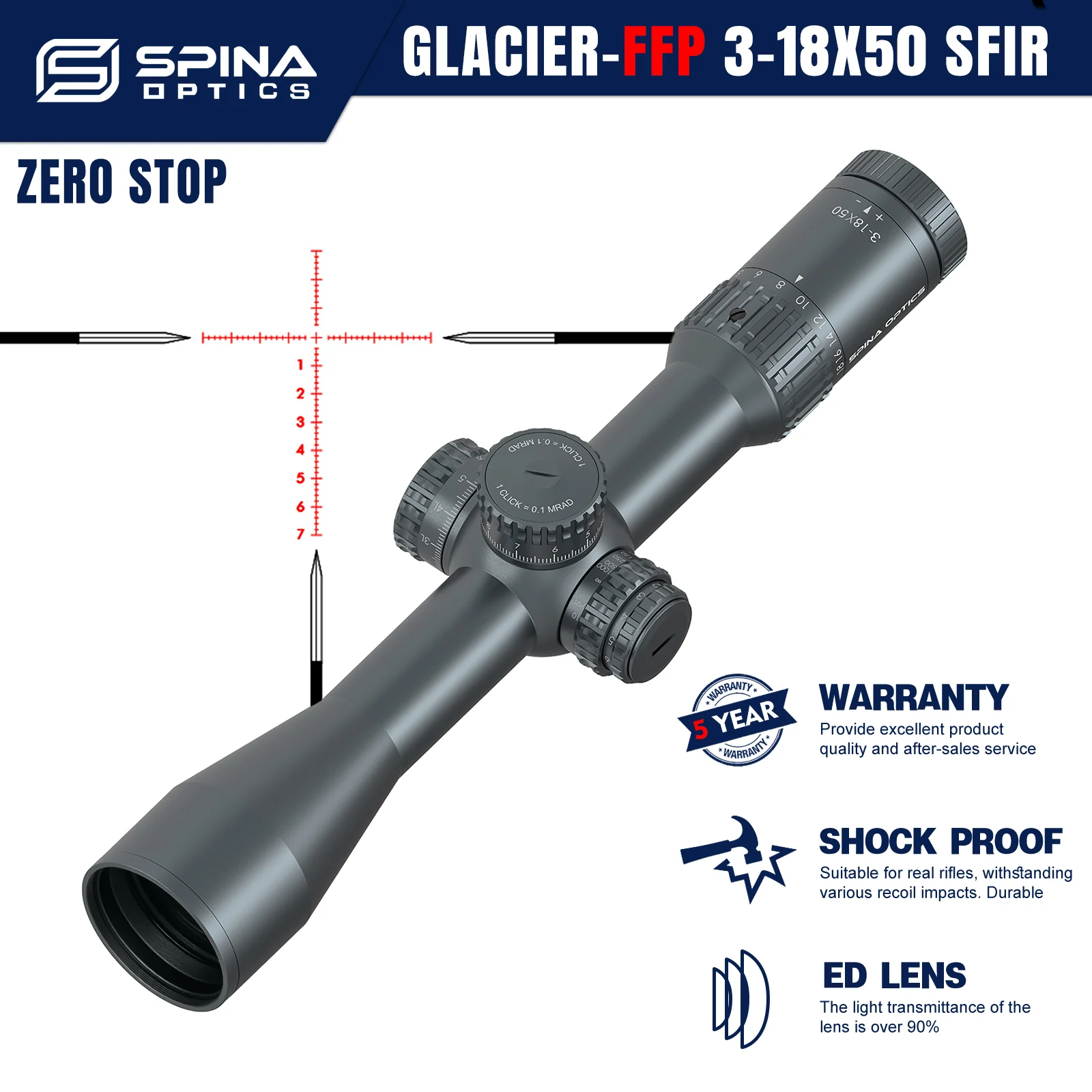 SPINA OPTICS GLACIER ED 3-18x50 FFP 34mm Zero Stop RifleScope Side Button illumination with shake wake Sight For .308 7.62 .50