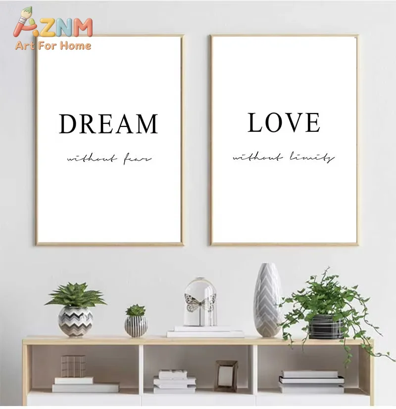 AZNM Dream Without Fear Love Without Limits Canvas Wall Art Frameless Print, Minimalist Black White Quote Poster, Modern Bedroom