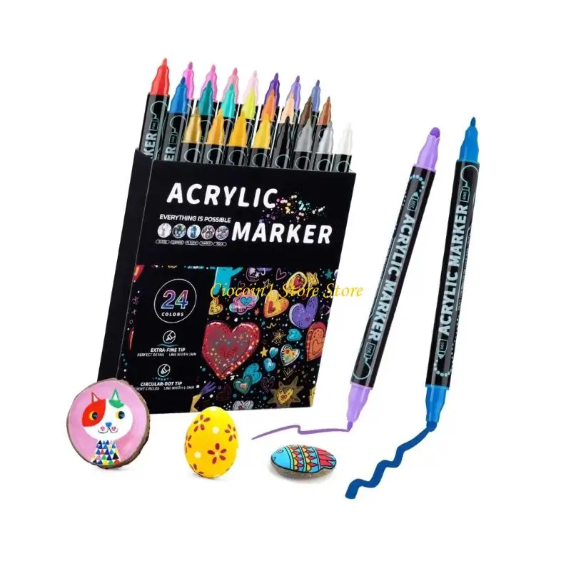 A3PC 24Pcs Premium Painting Markers Double Tip Fast Drying Waterproof Acrylic for Teens Crafts Gifts on Multiple Materials
