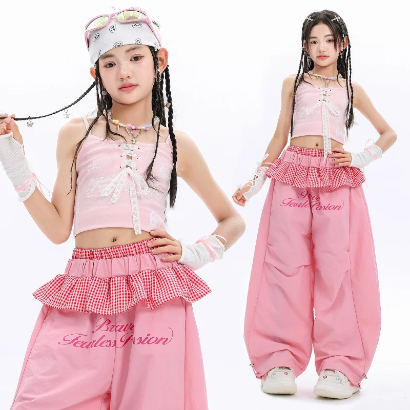 Girl Hip Hop Dance Costume for Stage Perfromance Children Jazz Dancewear Pink Kids Summer Suit Street Dance Vest Outerwear