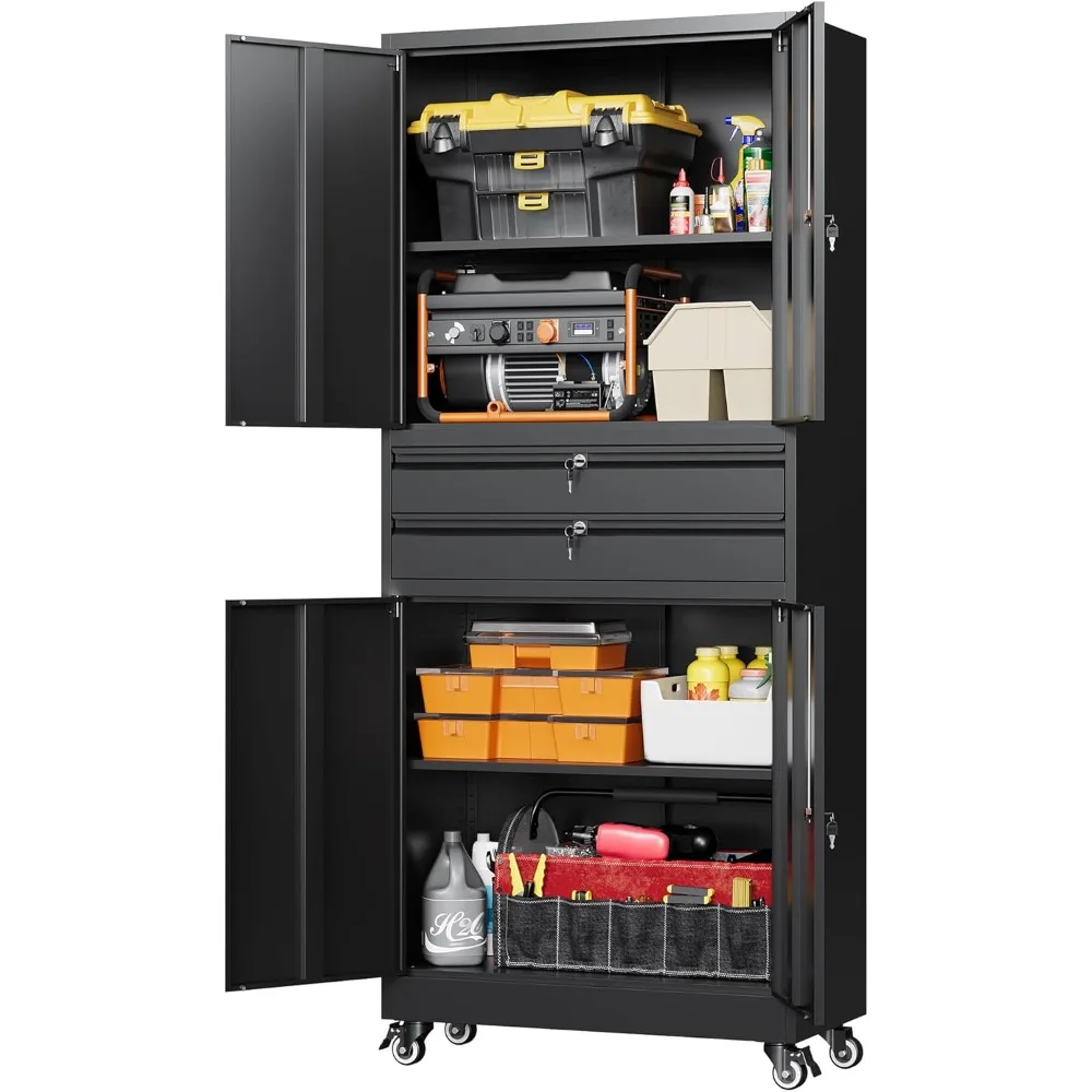 

Metal Garage Storage Cabinet with Wheels,Rolling Tool Cabinet with 4 Door Lock-Adjustable Shelves and 2 Drawer for Garage Home