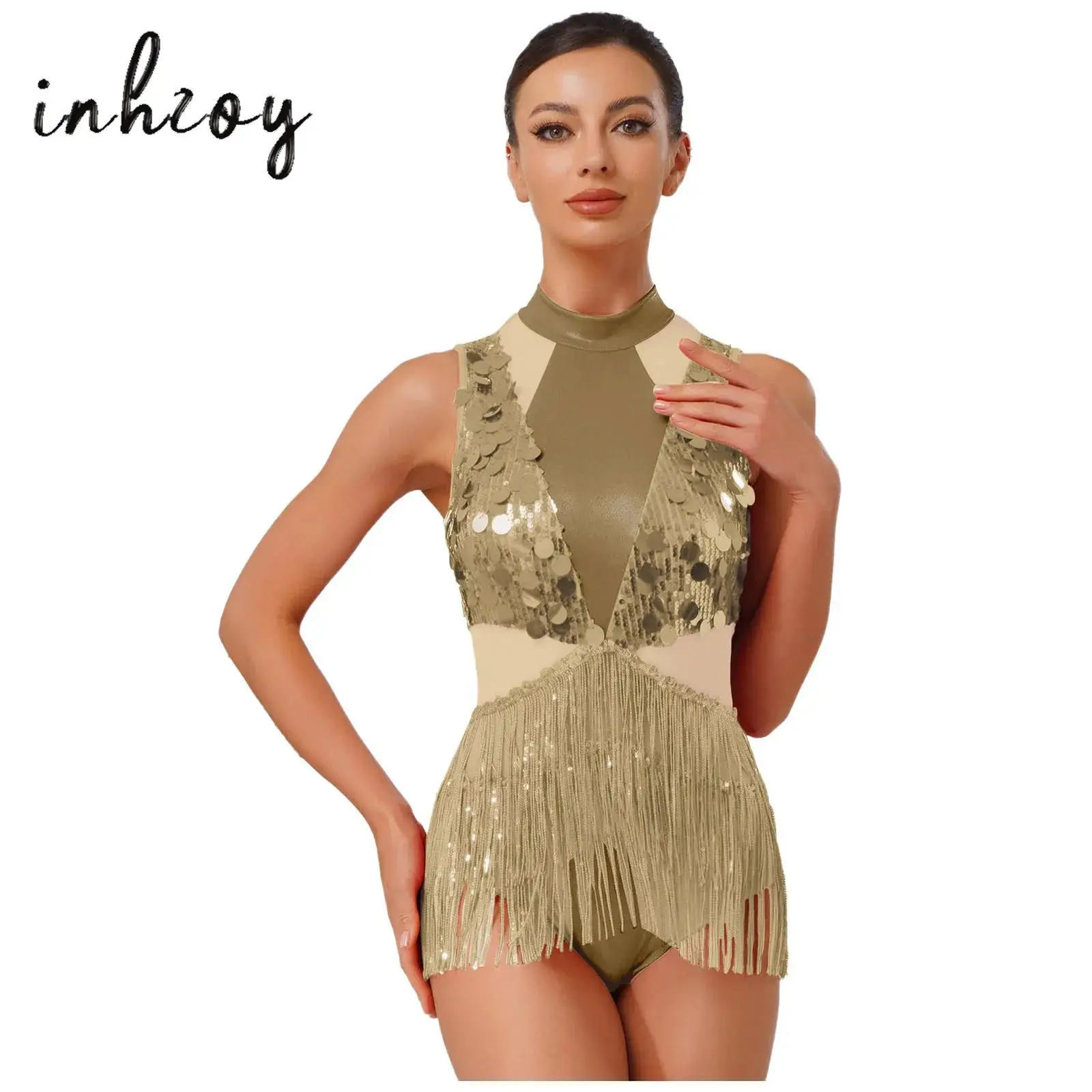 

Womens Sequin Tassel Latin Chacha Dance Leotard Metallic Shiny Sleeveless Back Cutout Patchwork Bodysuit for Jazz Figure Skating
