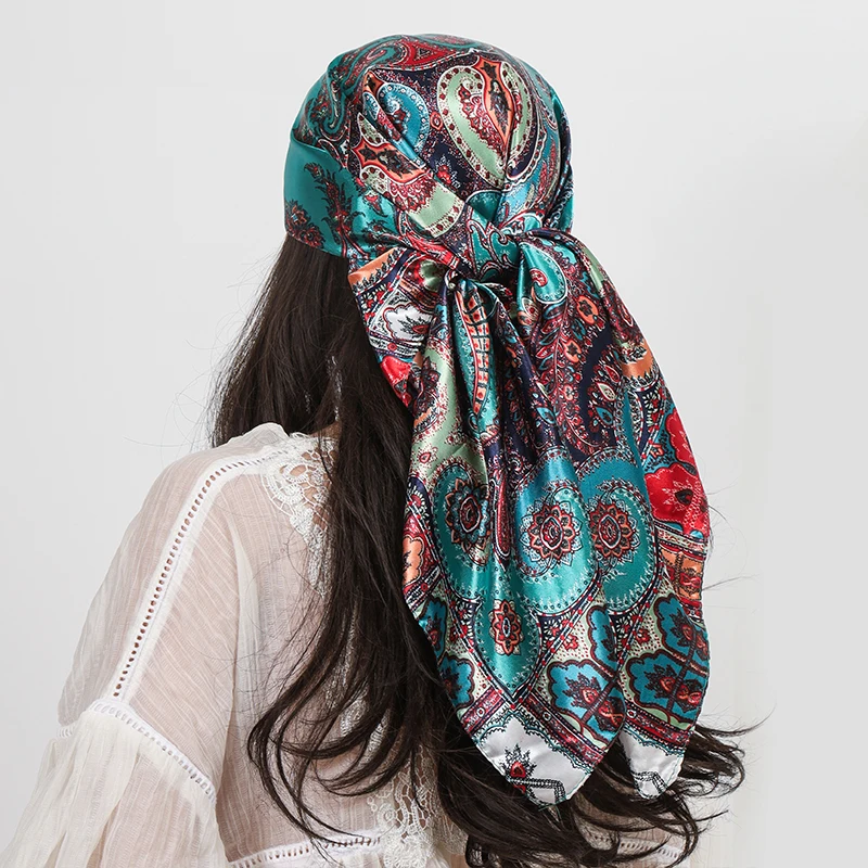 90 cm Platz Silk Schals Frauen Hijab Schals Paisley Cashew Blume Drucken Kopftuch Femme Kopf Schal Foulard Bandana Strand Pareo – Detail 1