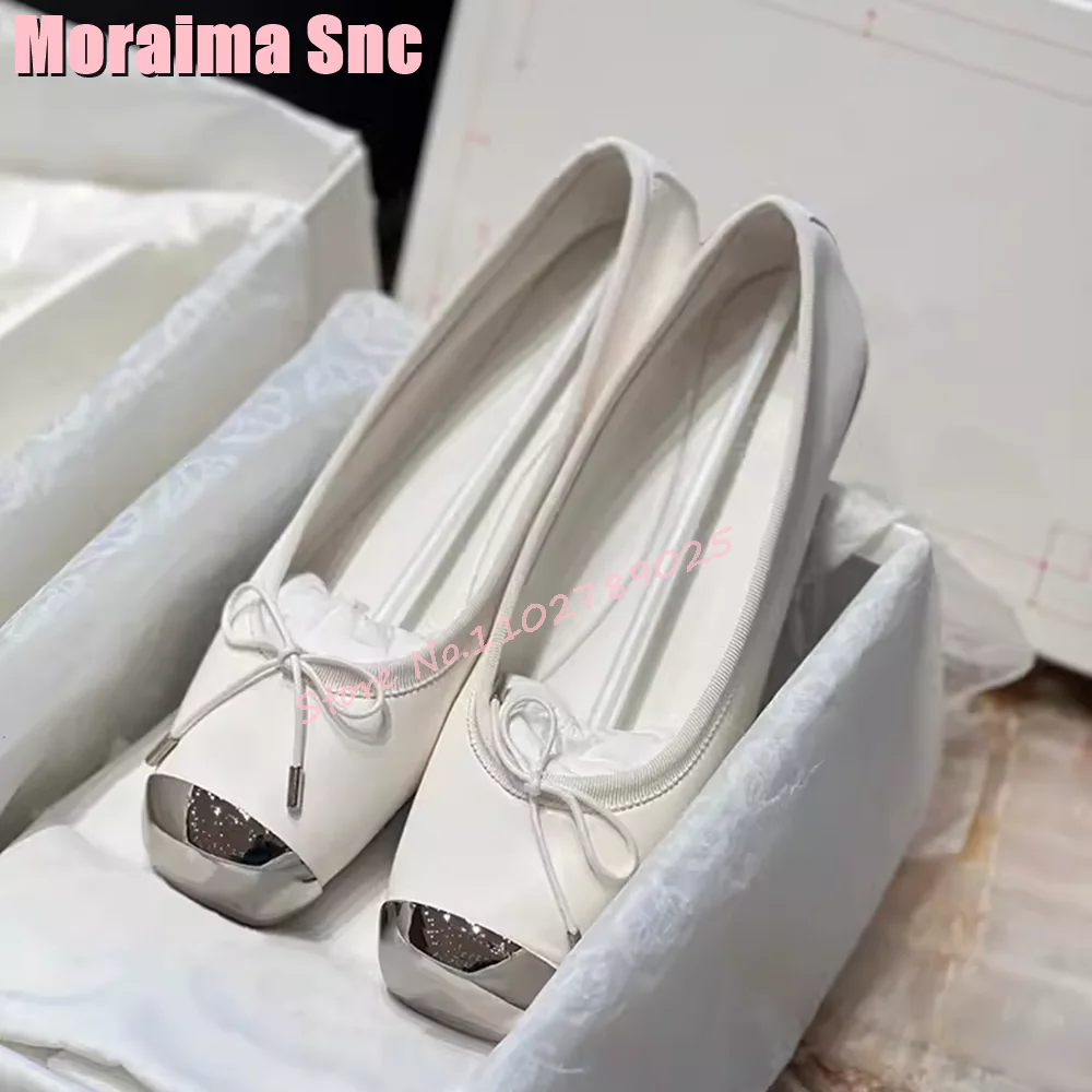 

Metal Square Toe Butterfly Knot Mary Janes Shallow Slip On Flat With Fashion Women Shoes Spring Summer White Solid 2024 Newest