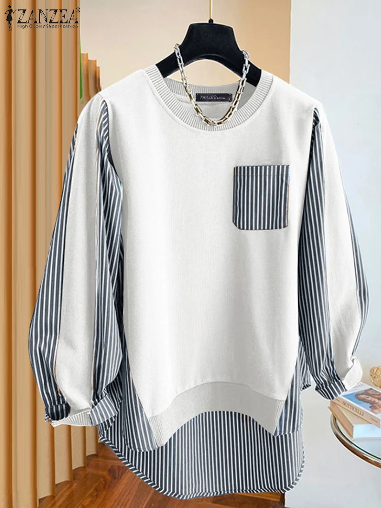 Women Autumn Patchwork Sweatshirts 2024 ZANZEA Fashion Long Sleeve Striped Hoodies Casual O Neck Work Pullovers Female Blouses