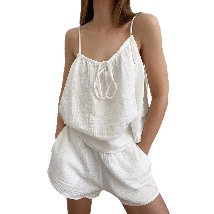 2026 summer European and American sexy neck vest pajamas sleeveless double yarn shorts 5