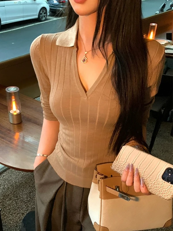 

Women's V-Ne Mid-Sve Knitwear Slim Fit ort Sve irt T-irt Summer Faion oulder-Line Belt Waist-Cinching