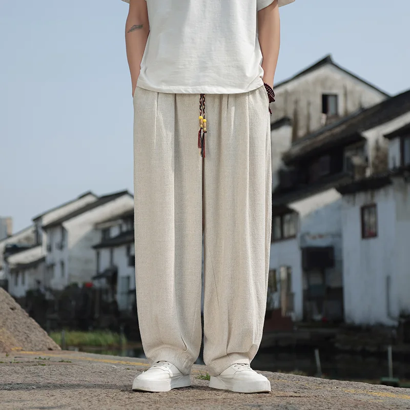 Chaopai 2024 Summer New Korean Versatile Linen Casual Pants Men's Trendy Loose Wide Leg Cotton Linen Straight Leg Pants