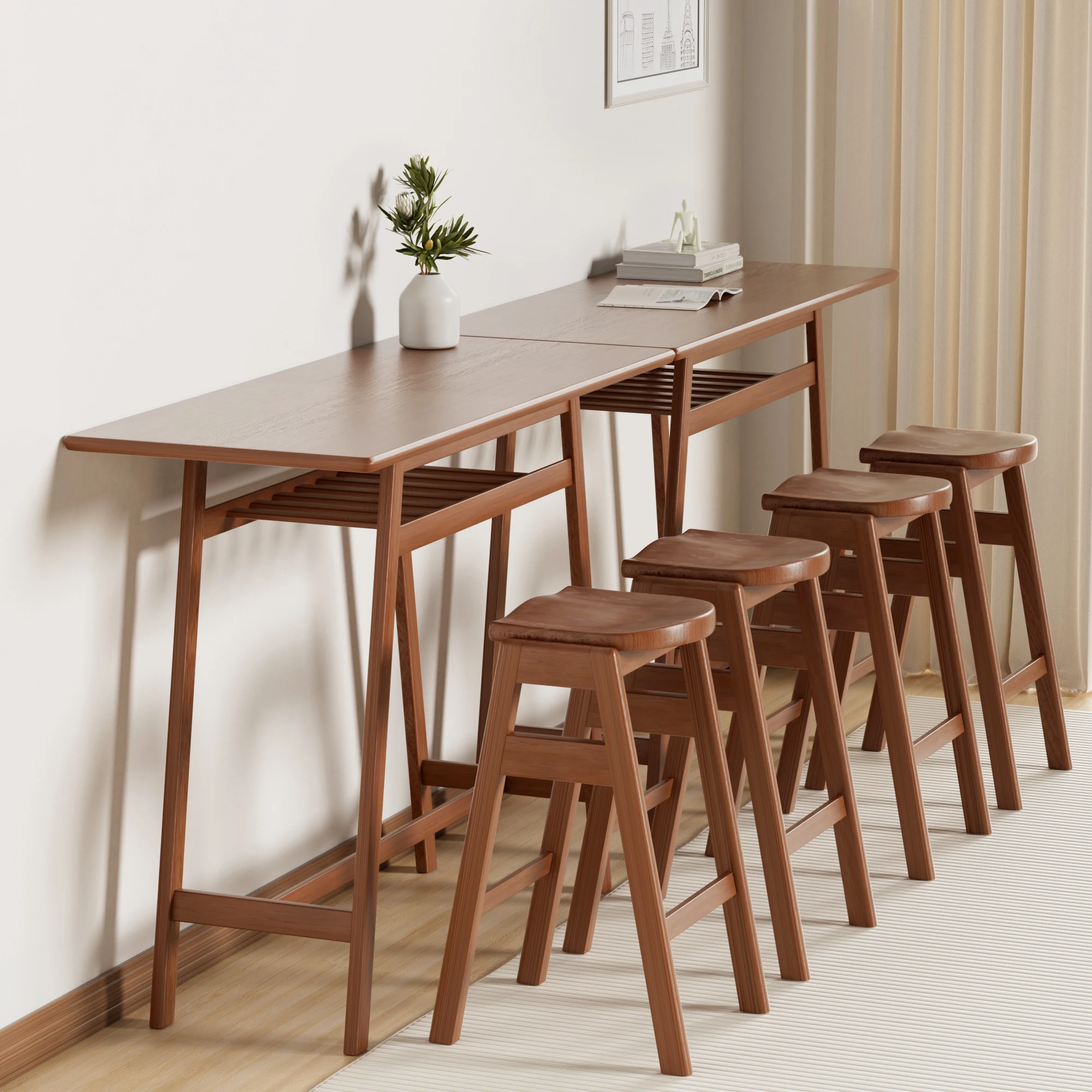 3 PCS Pub Dining Set Retro Bar Table Rubber Wood Stackable Backless High Stool for 2 with Shelf and Hooks