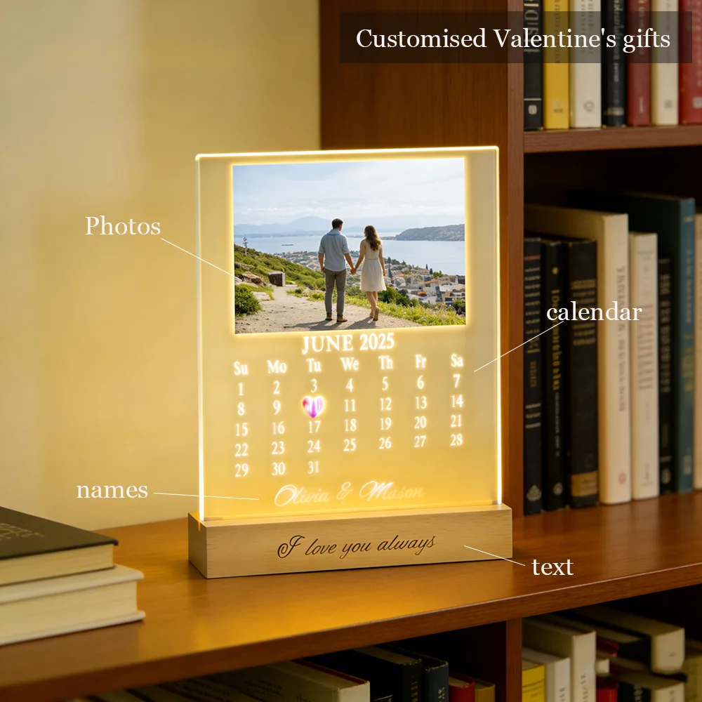 

Valentine Day Acrylic Photo Memorial Calendar Ornament Customized Photo With LED Night Light Couple Romantic Gifts Home Desktop