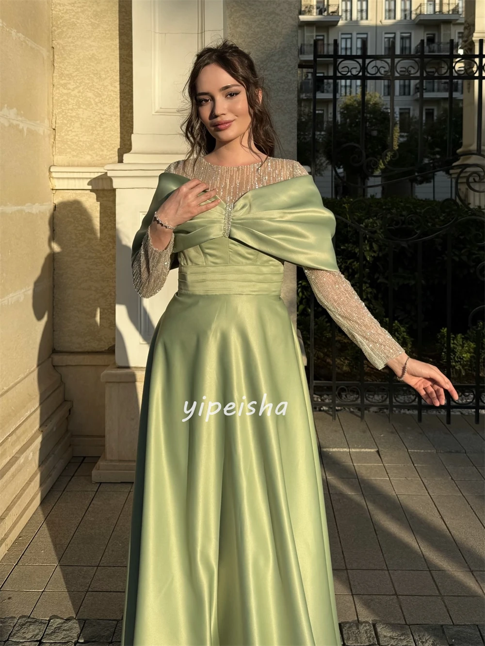 Vestidos largos personalizados de alta calidad, moda Charmeuse con lentejuelas y cuentas, corte en A, cuello redondo, vestidos para ocasiones a medida, sexys a juego